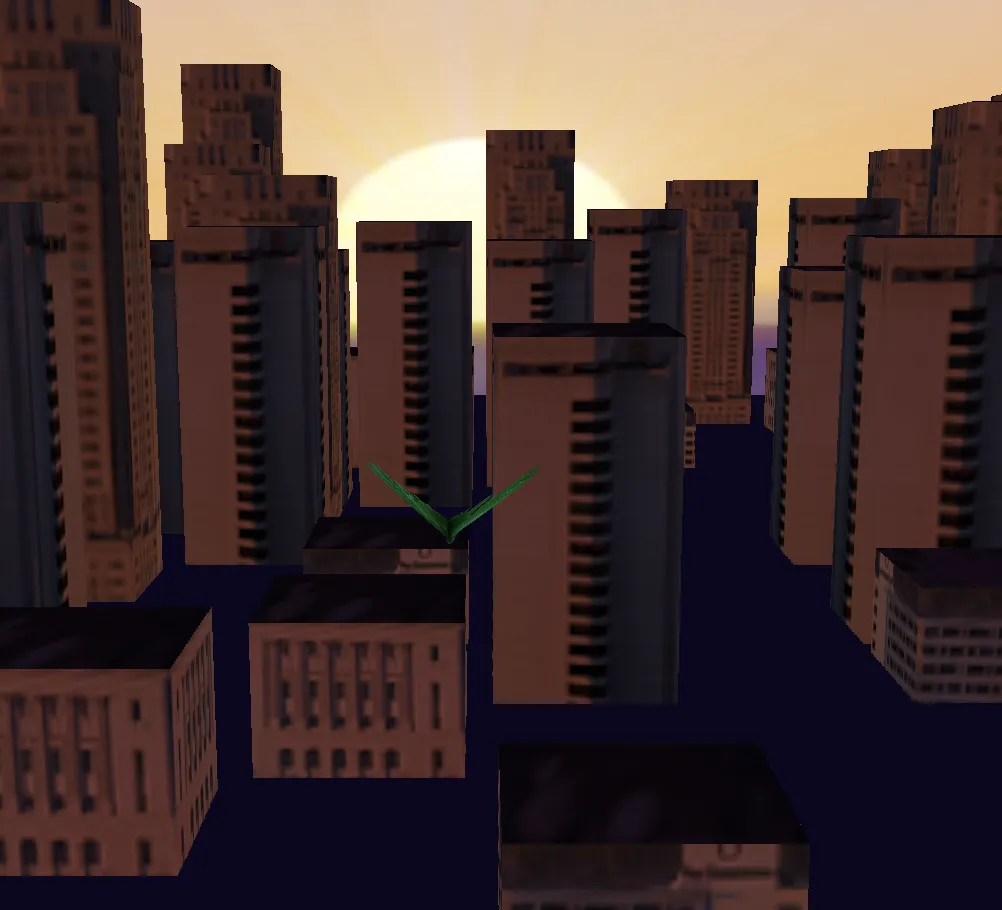 A leaf of parsley flapping its wings like a butterfly goes through a city towards the sunset