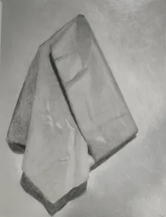 A piece of cloth pinned up against a wall, rendered in charcoal